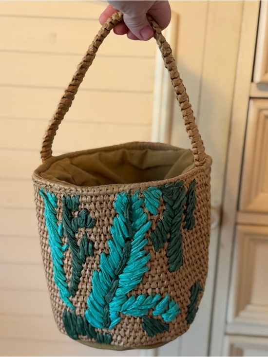 Handbags - Tiki Woven Straw Bucket Bag with Turquoise Leaf Embroidery